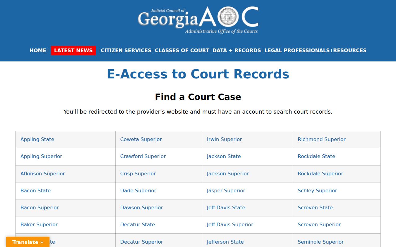 Georgia court e-access directory for Rome resident records