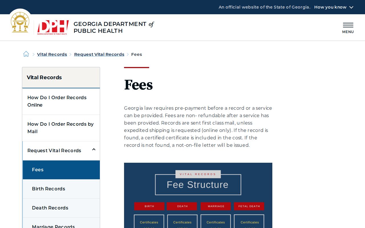 Georgia vital record fee information used in a Rome resident lookup